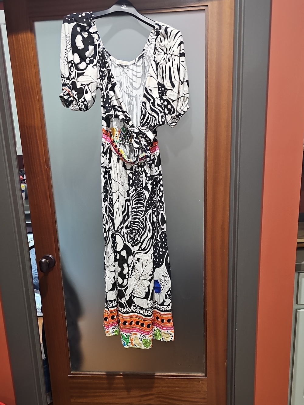Black & White Printed Maxi Dress with Colorful Hem and Waist Detail